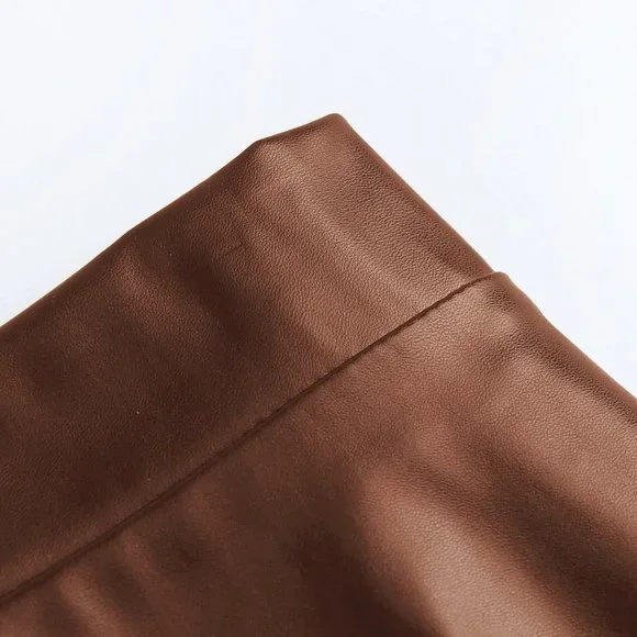 Coffee Brown Preppy Womens Plus Solid PU Leather Flare Skirt - Picture 4 of 5